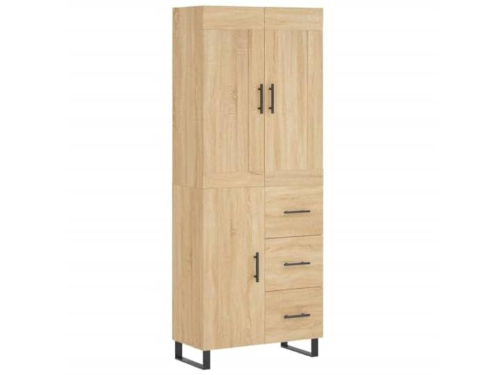 PUGYNBK Hoher Kommode, Sperrholz, Eiche, 69,5 x 34 x 180 cm Glatte Oberfläche, Metallbeine, praktische Türen, großer Raum, Wandbefestigung im Lieferumfang enthalten