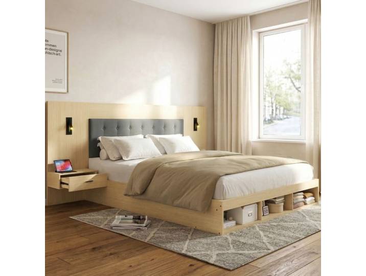VUENOR lit combiné 160x200 cm chêne clair – 2 chevets USB-C sans matelas