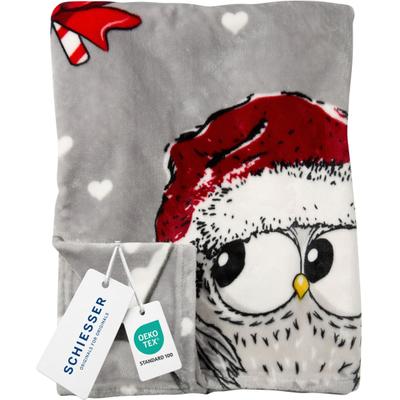 Wohndecke SCHIESSER "Wohndecke Thea, weiche Kuscheldecke mit weihnachtlichem Eulenmotiv", grau, B:150cm L:200cm, Polyester, Wohndecken, Wohndecke, OEKO-TEX STANDARD 100