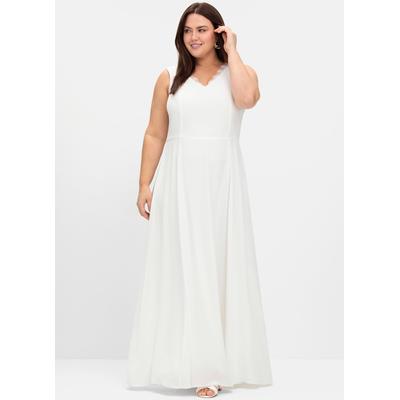 Abendkleid SHEEGO "Abendkleid", Damen, Gr. 46, Normalgrößen, ohne Ärmel, weiß (sanftes weiß), 100% Polyester, unifarben, lang, V-Ausschnitt, Kleider Abendkleid