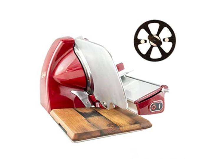 Berkel Aufschnittmaschine - Home Line 200 Plus - Elektrische Schneidemaschine in rot – Neues Modell + 100% handgefertigtes Schneidebrett Unikat
