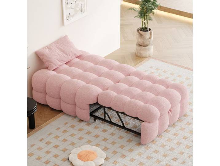 Lit Banquette Simple 183×76 cm Convertible 2-en-1 Pouf et Canapé - BEAUNIV - Sans Matelas Bouclé Rose