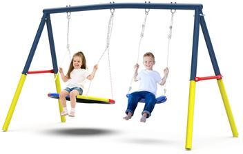 Heavy-Duty A-Frame Metal Outdoor Swing Set with 1 Saucer Swing Seat and 1 Belt Swings Seat