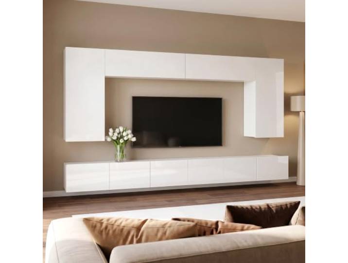 Lomadox Wohnwand Anbauwand weiß Hochglanz 6-teilig Modern, mit 2 TV-Lowboards, 2 vertikale Hängeschränke, 2 horizontale Hängeschränke