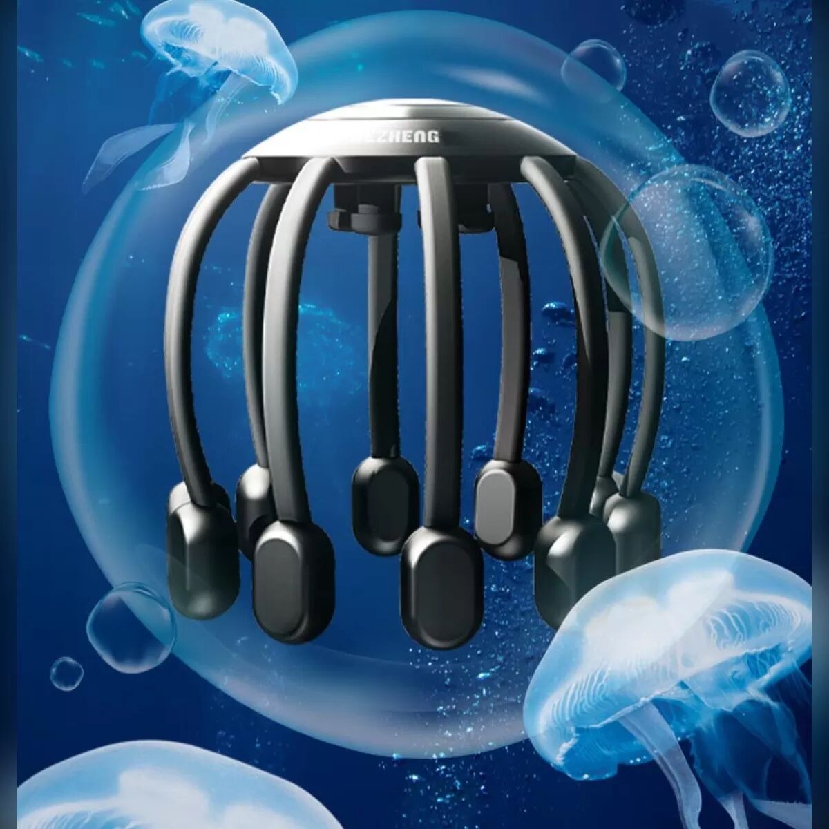 INF Appareil de massage crânien anti-stress 14 têtes, 5 modes, 10 niveaux, haut-parleur Bluetooth Blanc