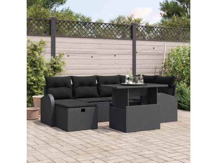 Gartensofa-Set 7 Stk. Schwarz Poly-Rattan Modular mit Kaffeetisch, Polsterkissen, Sicherheitsglas, UV-beständig, für Terrasse