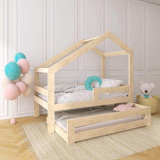 Holzhausbett für Kinder | Ausziehbett mit Anti-Ausfall-Schutz | 70x140 - 90x200 cm | Jugendbett und Etagenbett für Jungen und Mädchen