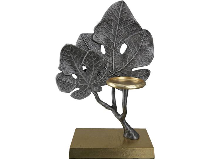 Kerzenleuchter GILDE Leaf , grau (anthrazitfarben, goldfarben), B:25cm H:38cm T:10,5cm, Aluminium, Kerzenhalter, Kerzenleuchter, Kerzenhalter aus Aluminium, 1-flammig
