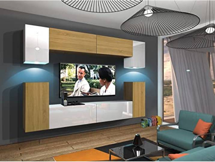 Furnitech Wohnwand Wohnzimmer Hängend Wohnwand Modern Wohnzimmer Schrankwand mit Regale und TV Schrank Wohnzimmer Möbel ohne LED (Rodos AN43-17WD-HGM55 1A)