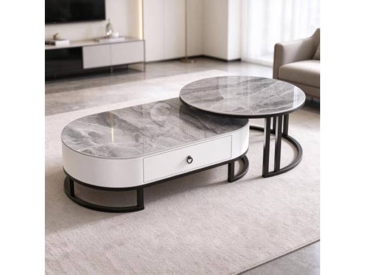 YHTCSXMD Ausziehbarer Couchtisch mit Steinplatte und Schublade Nesting Design, Steinplatte, Stahlrahmen, Holzschublade, couchtisch rund, couchtisch modern, Wohnzimmer