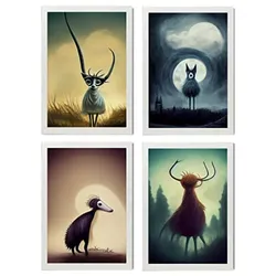 POSTER Set mit 4 Wald Tier im T Burton Goth Stil A4 Weißer Rahmen