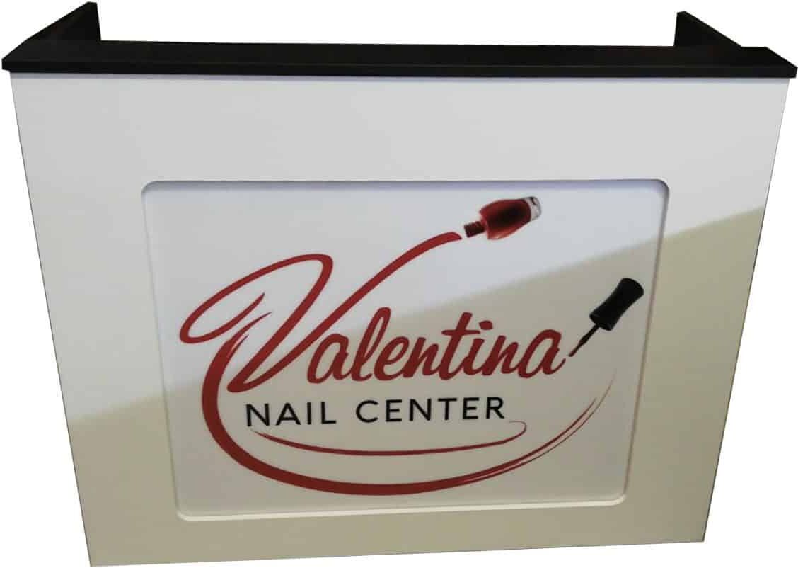 BANCO CASSA RECEPTION PER BARBIERE PARRUCCHIERE CENTRO ESTETICO SPA ITALIANO CON LOGO E ILLUMINAZIONE LED FRONTALE PLEXIGLAS + LED SENZA CASSETTIERA