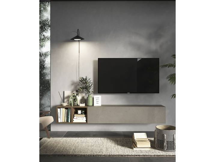 Wohnwand HOME AFFAIRE Infinity, 2tlg. Breite 194 cm, Höhe variabel, Wohnwand , grau (lehmfarben argilla, mercure nb holzstruktur), B:194cm H:29cm T:30cm, Kastenmöbel-Sets, Wohnwand, (Lowboard hängend, Würfelregal 2er Set)