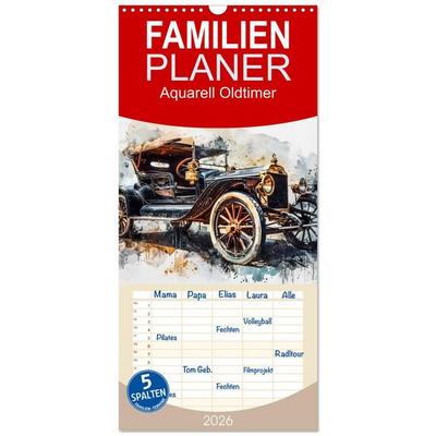 Familienplaner 2026 - Aquarell Oldtimer mit 5 Spalten (Wandkalender, 21 x 45 cm) CALVENDO