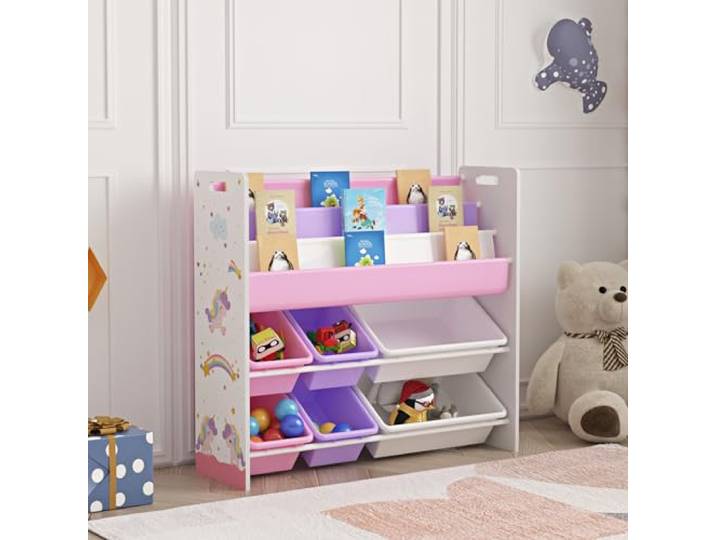 [en.casa] Kinderregal Rødøy Bücherregal für Kinder mit 6 Kisten Spielzeugregal 78 x 86 x 27 cm Spielzeug Aufbewahrung Einhorn Motiv
