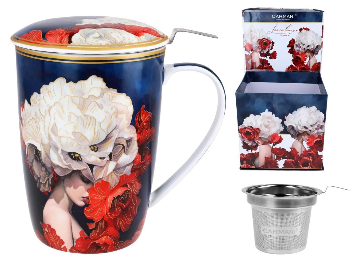 Carmani Lady's Floral Symphony mok met zeef en deksel