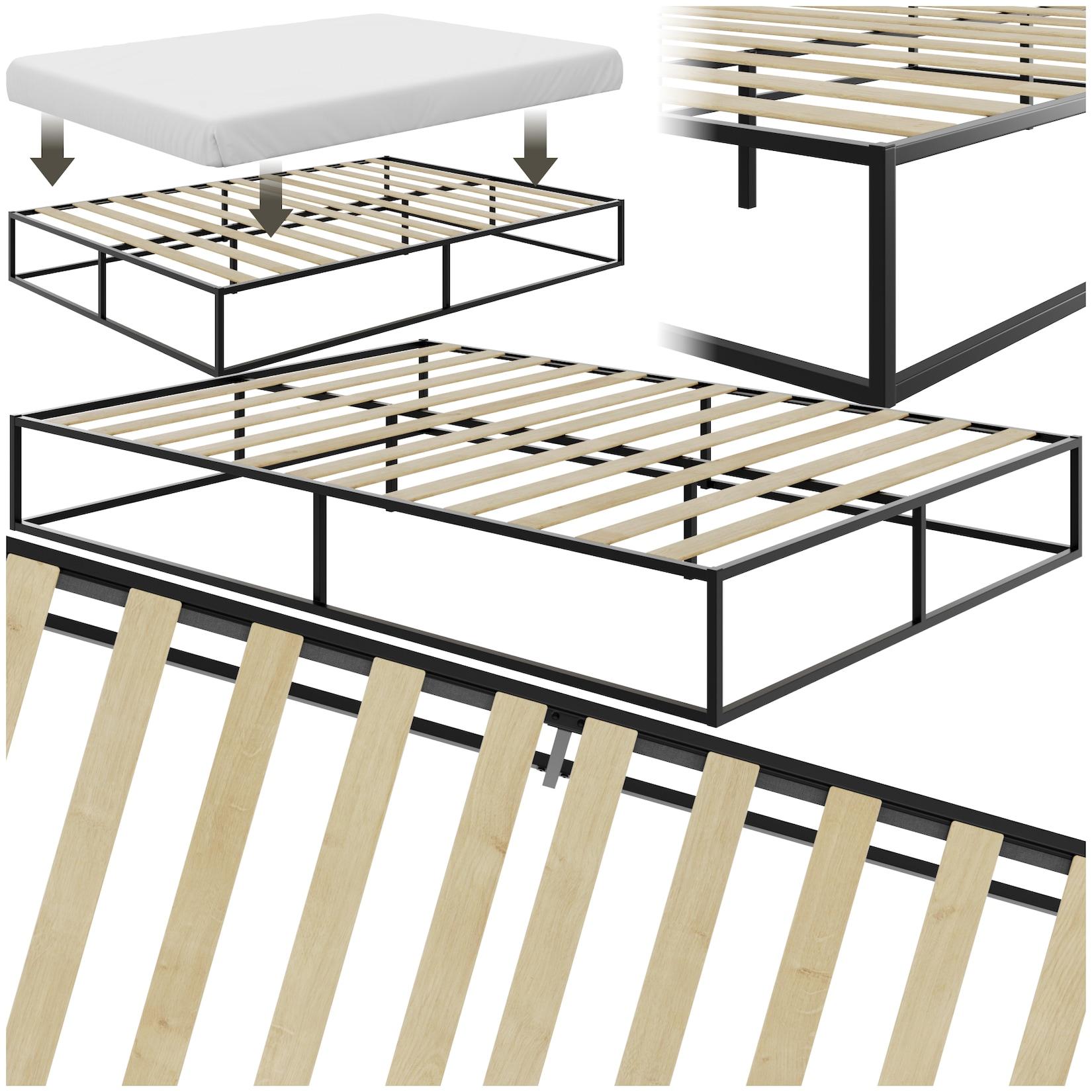 tectake® Bett, robustes Stahlgestell, zeitloses Design, Plattformgestell mit Unterbettstauraum, Belastbarkeit 250 kg, bodenschonende Kunststoffkappen