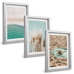 BILDER SET 3er Set - 20x30 cm Silberner Rahmen - Strandwellen Grashut