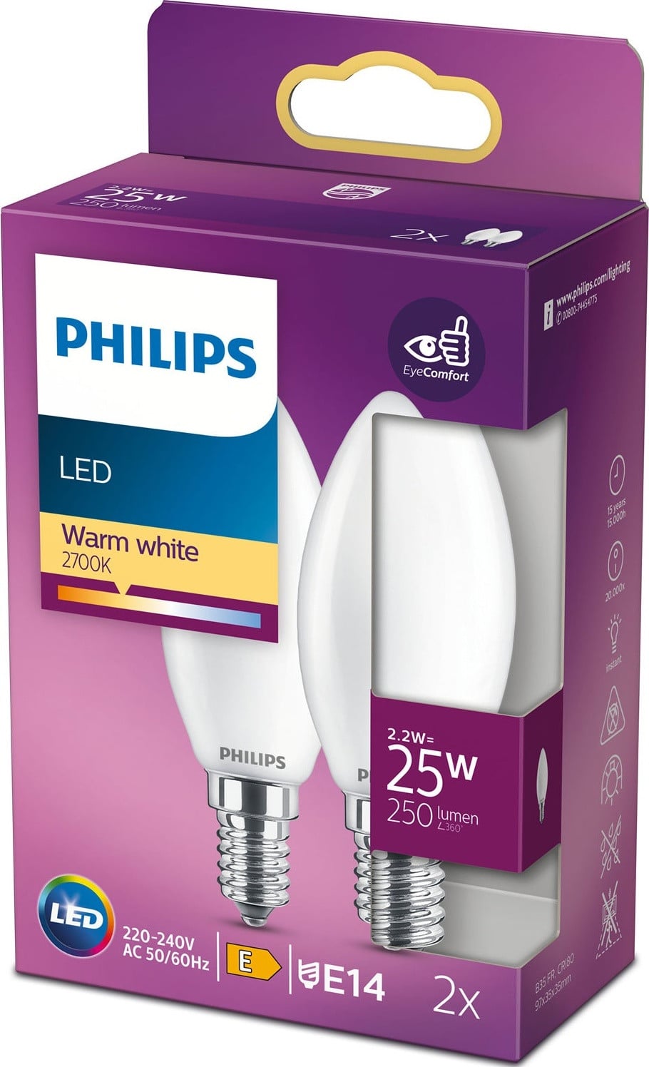 Philips LED lamp E14 warm wit 2,2 Watt 250 lumen