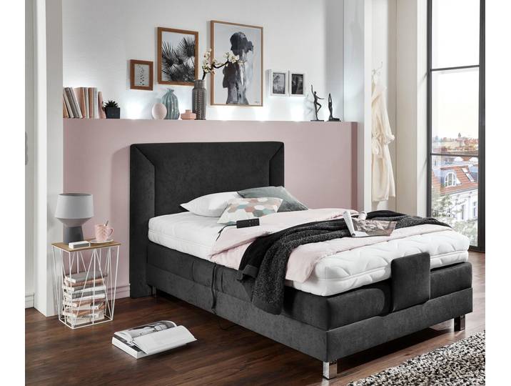 Boxbett, Mikrovelours, Schwarz, 134×214 cm, Mit Motor, Abnehmbarer Bezug, WESTFALIA Schlafkomfort