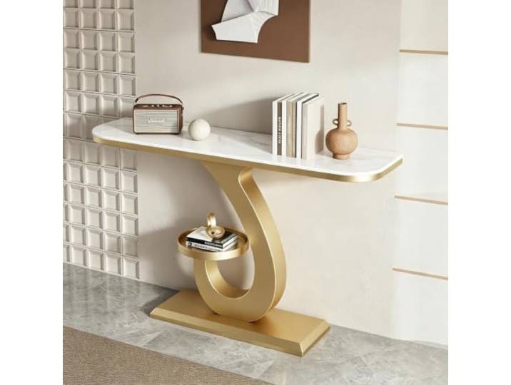 LEUBDIBR Creme‑farbene Sinterstein‑Konsolentisch, Halbmond‑Eingangstisch Sintersteinplatte, Halbmond‑Design, robuster Metallrahmen, moderner Stil(Gold+White,80cm/31.5 )