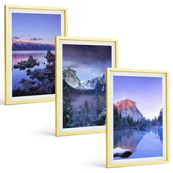 BILDER SET 3er Set - 40x60 cm Goldrahmen - Berglandschaften, Sonnenuntergang, Wasser