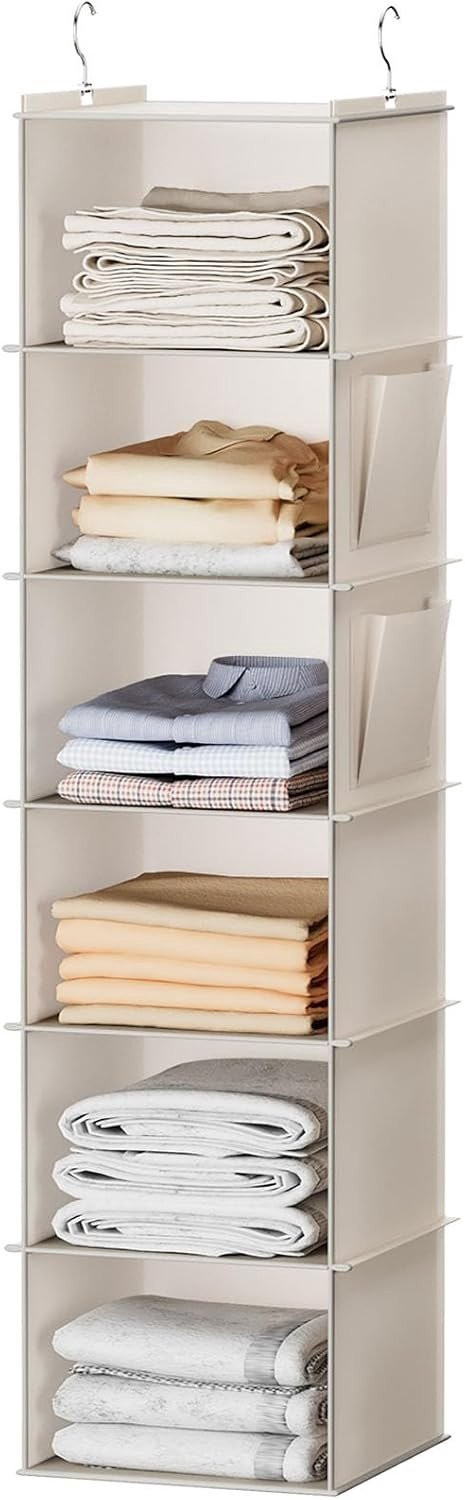 Hanging Closet Organizer met 6 Planken en Zijvakken in Beige