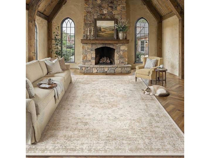 Tapis Vintage pour Salon 200x300cm Beige Tapis de Chambre Lavable en Machine Grands Tapis pour Salon Séjour Bureau Tapis Poil Court