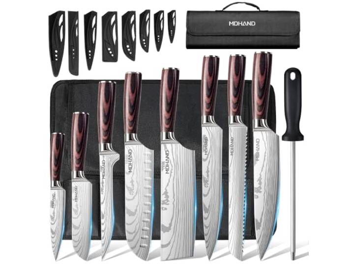 MDHAND Küchenmesser Set，8-teiliges professionelles Messerset mit Rolltasche, Extrem Scharf Profi Kochmesser Set mit Ergonomischen Pakkaholz Griffen für Haus und Restaurant