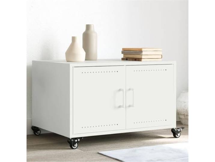 HEFZGDB Couchtisch Weiß 68x50x43,5 cm Stahlgestell mit Stauraum und 4 Rollen für einfaches Verschieben, robuster Wohnzimmertisch mit Griffen und pflegeleichter Oberfläche