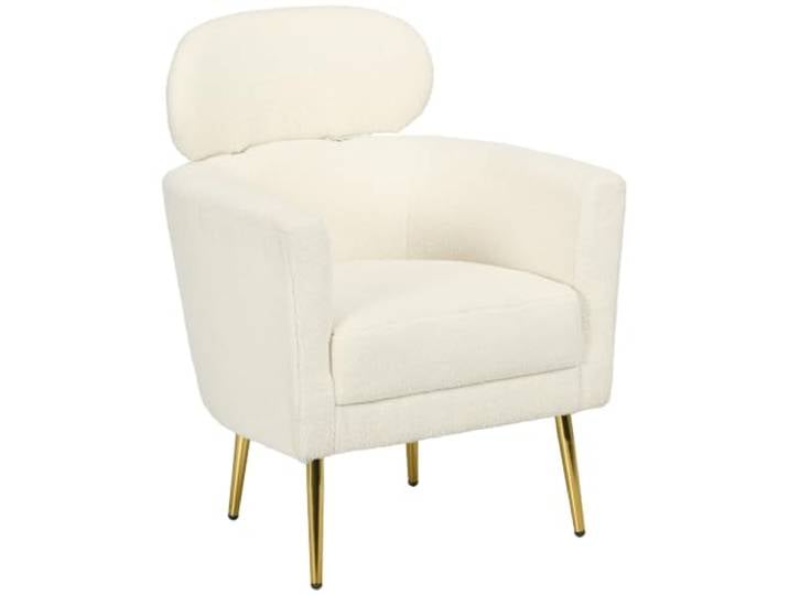 HOMCOM Fauteuil Salon avec appuie-tête Amovible Fauteuil Crapaud Crème Style Moderne\, Tissu en Peluche Teddy\, Pieds en Métal Doré\, pour Salon\, Chambre à Coucher\, Salle d'Étude