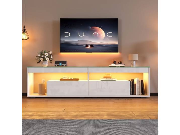 Meuble TV LED Hochglanz 2 tiroirs et rangements ouverts - YEAVIO - Blanc 180×40×46 cm