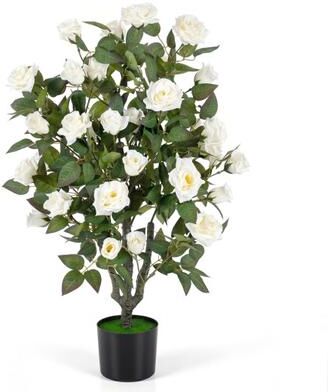 "Costway 35.5"" Artificial Rose Tree with Blooming Flowers and Green Leaves for Indoor-White"