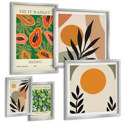 BILDER SET 5er Set - 50x50 cm & 20x30 cm & 40x60 cm Silberner Rahmen - Fruchtmuster der italienischen Kultur