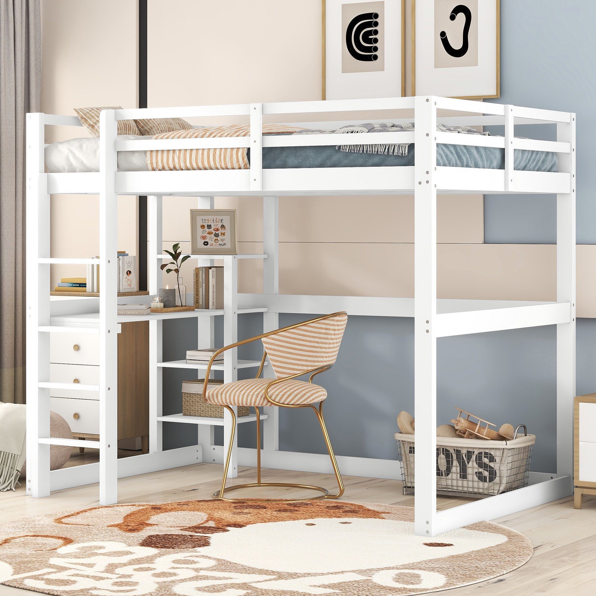 Fortuna Lai Kinderbett, Hochbett Bettgestell mit 4 Ablagefächern Stauraum, Hochbett 140X200 cm mit Schreibtischplatte, Kinderbett Junge Mädchen, komplett aus hochwertigem Kiefer, Stark und Robust, Weiß