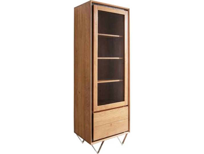 DELIFE Glasschrank Stonegrace Akazie Natur 55x180 1 Tür 2 Schubladen Steinfurnier V-Fuß Vitrine