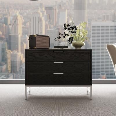 FUFU&GAGA 31.5 Inch Wide Nightstand with 3 Drawers Black Wooden Bedside Table