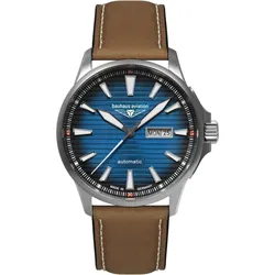 Bauhaus Herrenuhr Aviation Automatik 28623 - Blaues Ziffernblatt mit weißen,Leuchtzeigern,nachts leuchtenden Zahlen/Indices,braun - 42mm