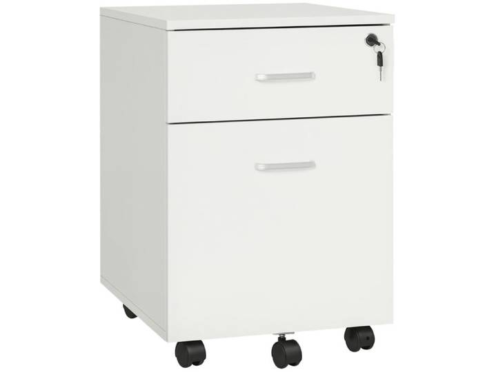 FSX Commode de bureau à 2 tiroirs avec serrure et 5 roulettes en aggloméré 40x49x58 cm blanc