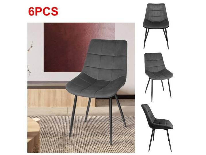 Chaise de Salle à Manger - XUANYU - Lot de 6 - Velours - Pieds en Fer - Noir et Gris