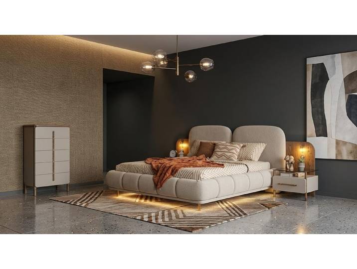 Xlmoebel Schlafzimmer-Set Bett 2x Nachttische Kommode Schlafzimmer Stil modern beige praktisch