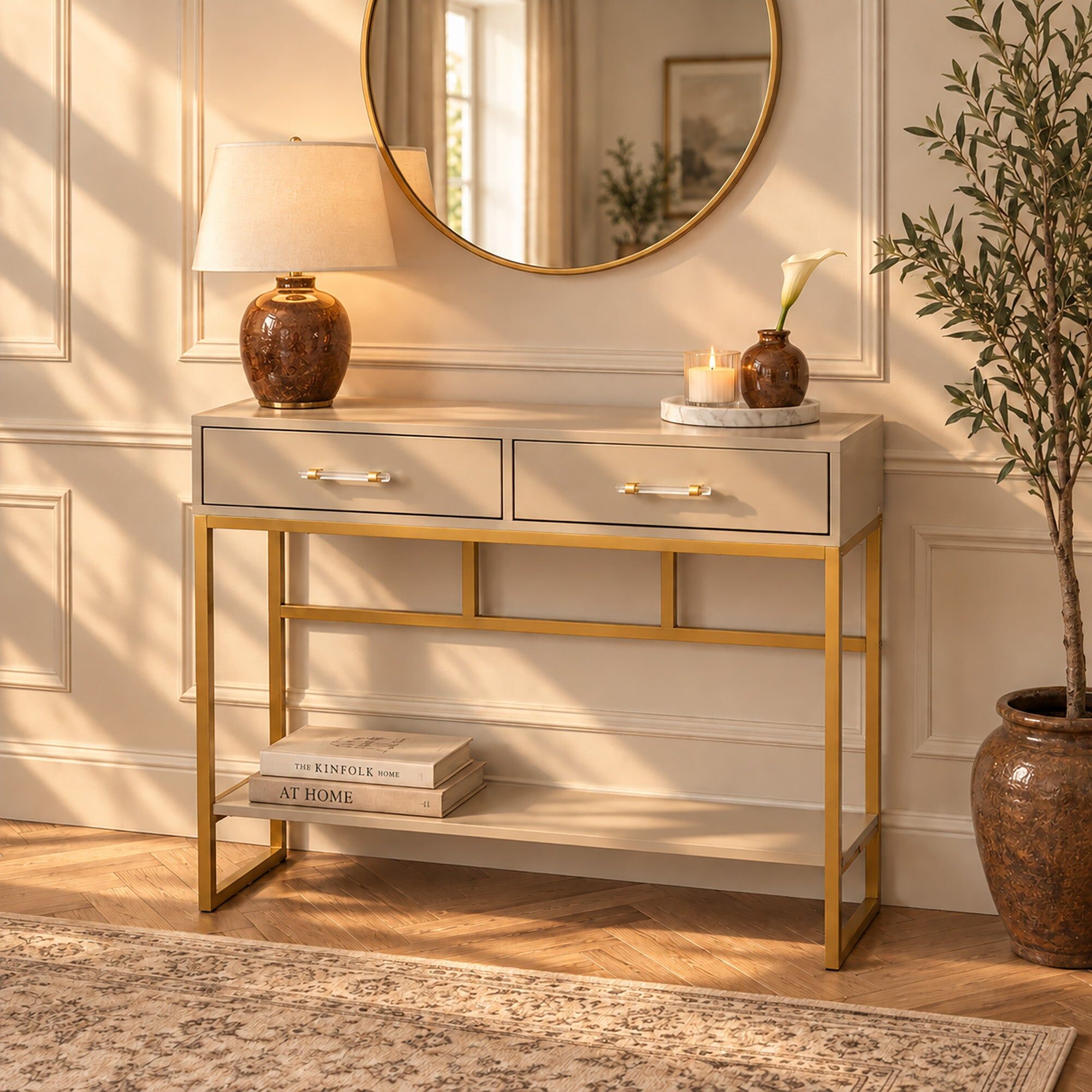 Large Slim Neutral Two Drawer Console Table / Dressing Table - Liana Taupe Range Coated MDF, Metal