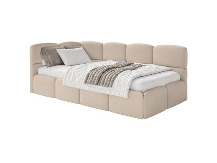 Selsey Jugendbett 120x200cm Beige Chenille Stoff mit Stauraum und Lattenrost, Polsterbett mit Bettkasten, gepolstertes Kinderbett 120x200, Jugendbett linksseitig mit Eckkopfteil
