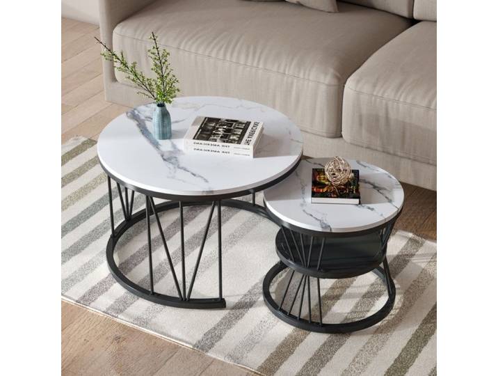 Table basse ronde - Bois Marbre et Pieds Métal - Table basse gigogne - Support en forme de V - D 70/45 cm x H 45/40 cm - Noir