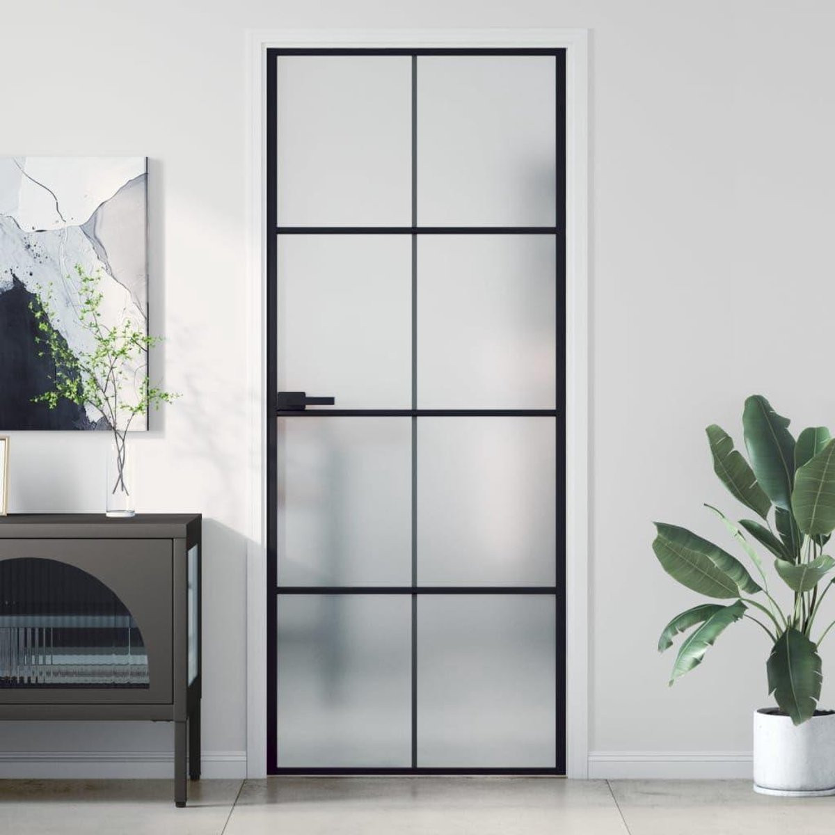 Binnendeur met mat glas en zwart frame - Kamerdivider voor ruimteverdeling - 83 x 201,5 cm