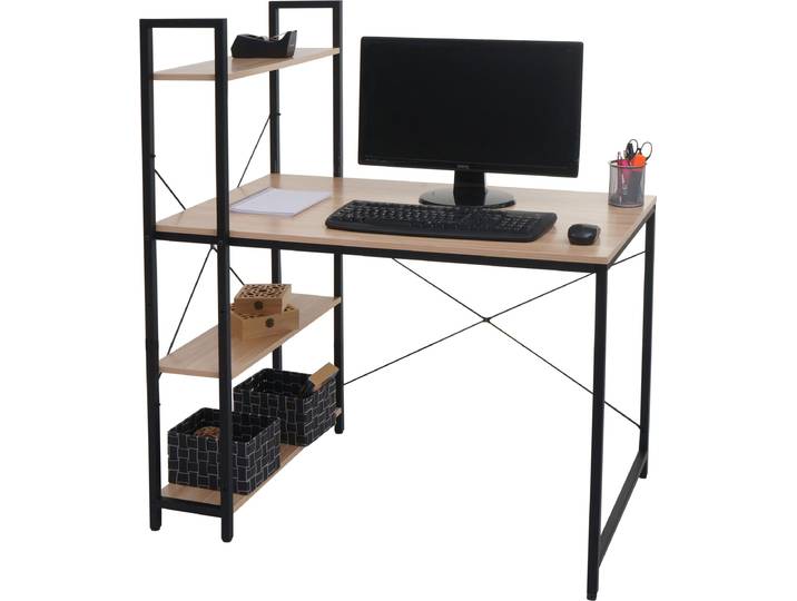 Schreibtisch mit Regal HWC-K81, Laptoptisch Bürotisch Arbeitstisch, 100x60cm Metall Holz natur