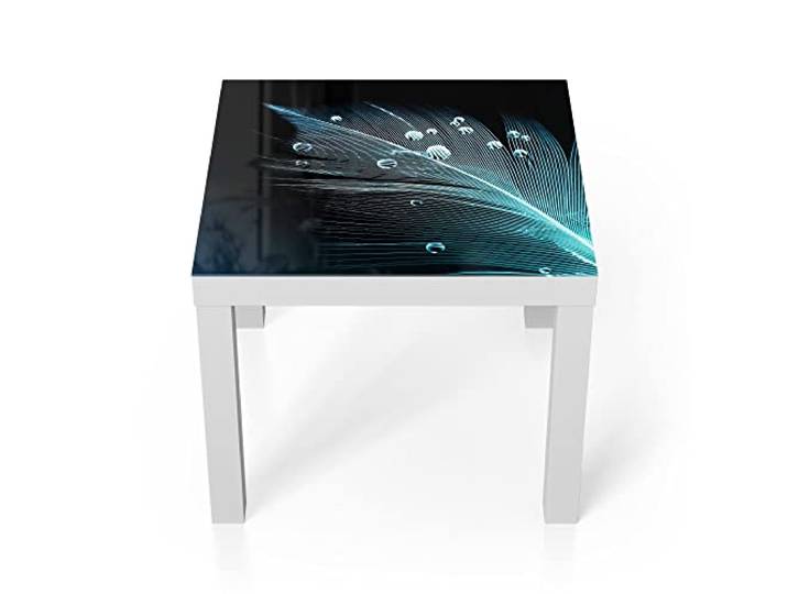 DEQORI Glastisch weiß klein 55x55 cm Motiv Feder mit Wasserperlen ausgefallener Beistelltisch aus Glas Hochglanz Couchtisch fürs Wohnzimmer moderner Couch Tisch mit Design