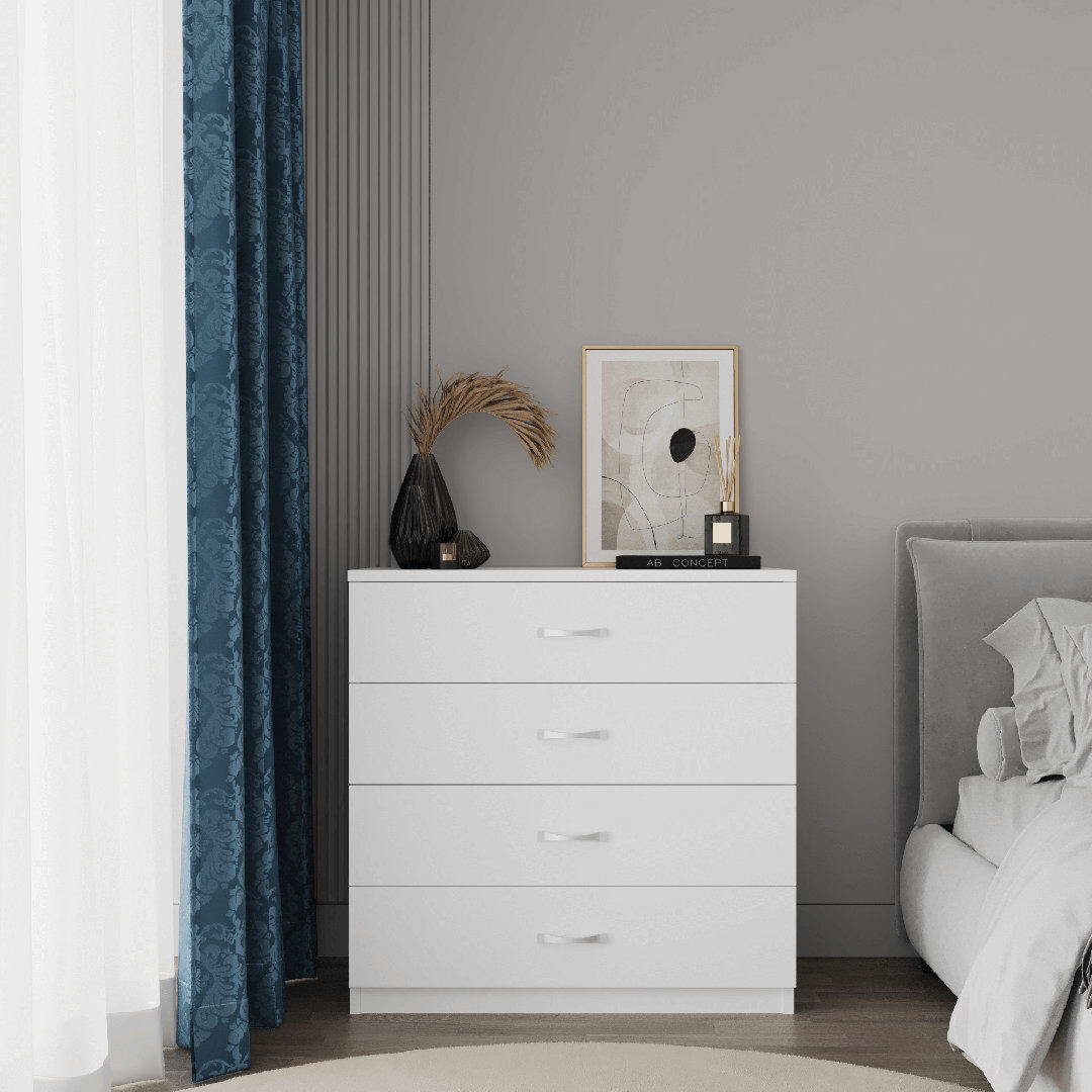 BDR Smart HOME ART Agora 4-Drawer Chest of Drawers – Stylish & Functional Wood White Storage Unit Wood White 86cm H X 79cm W X 38cm D