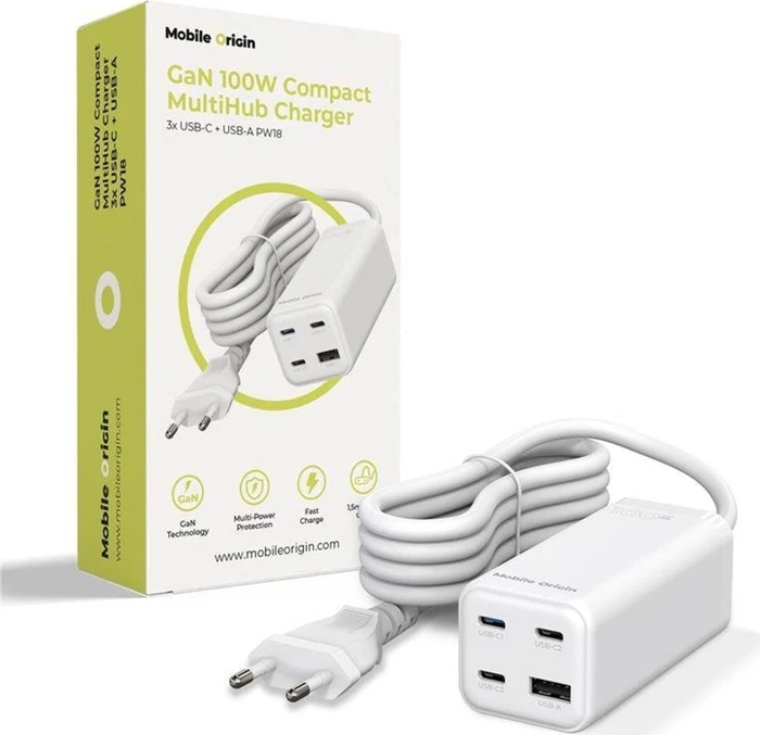 Mobile Origin GaN 100W Compact MultiHub Charger PW18 with 3x USB-C + USB-A