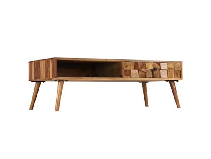 Couchtisch aus Akazienholz Honig Finish 1 Schublade Vintage-Stil, Beistelltisch, zusätzliche Tischplatte, 1 Fach, Bücher, Zeitschriften, Holzbeine, einfache Montage